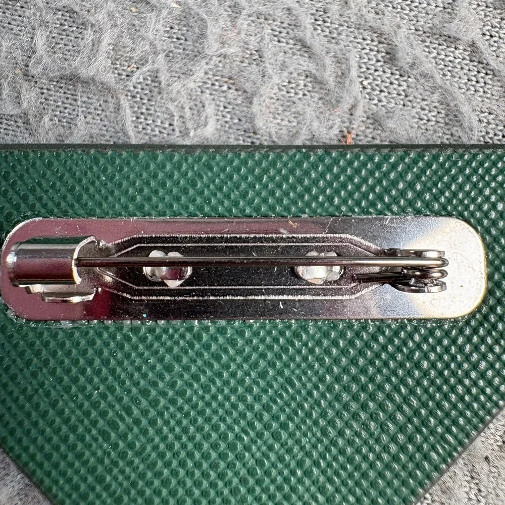 Prada Paradigme Triangle Logo Brooch Pin Green Saffiano Leather VIP Novelty